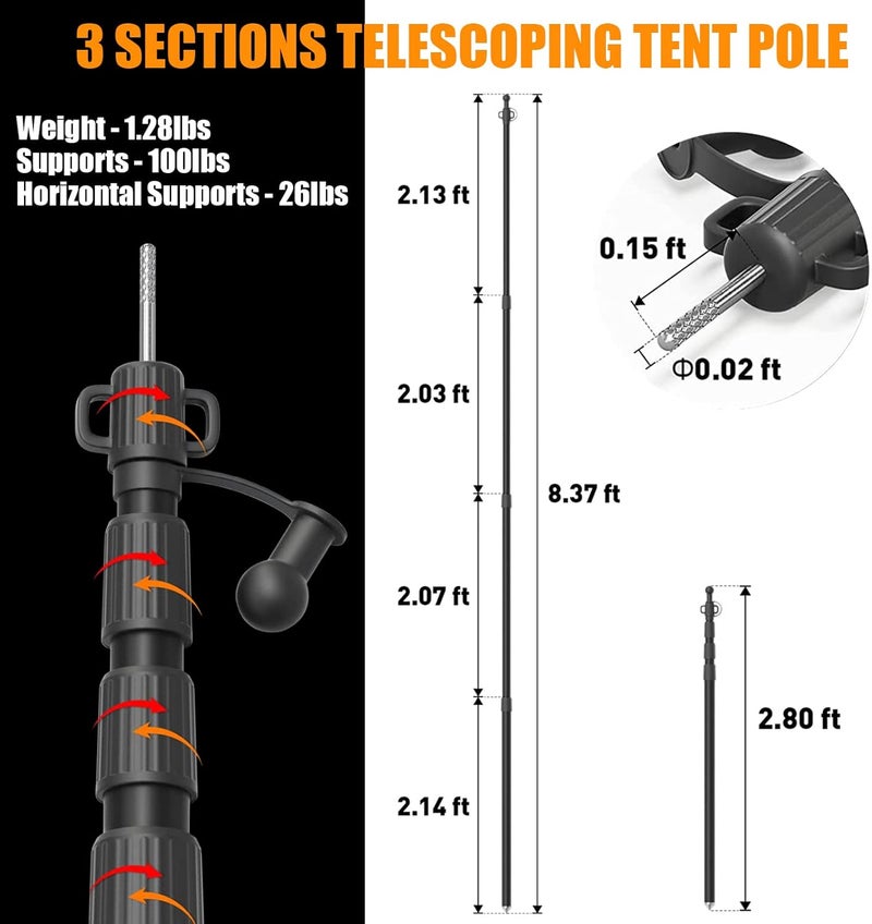 Wildroad Tarp Poles Tent Poles Canopy Poles 8.37 ft, Telescoping Aluminum Poles with Non-Slip Aluminum Cone Bottom, Portable and Lightweight Camping Gear for Camping and Awnings, Set of 4 - Image 2